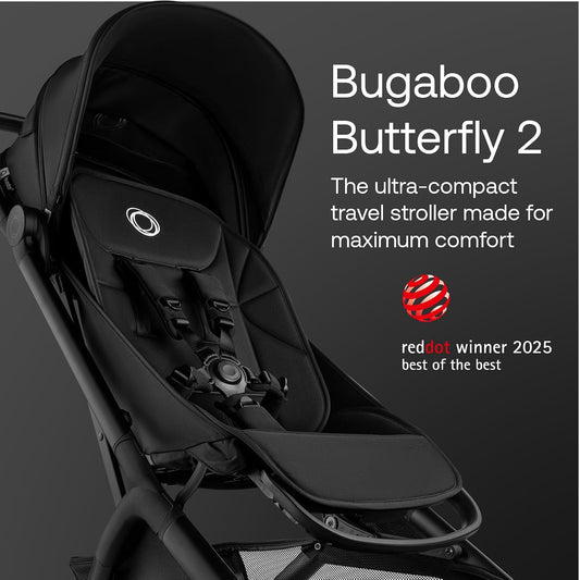 Bugaboo Carrinho de Bebê Leve para Viagem Butterfly 2 (Tamanho de Bagagem de Mão) – Kit com Barra de Proteção – Dobrável com uma mão, com assento reclinável, cesto de armazenamento e alça de transporte – Heritage Black