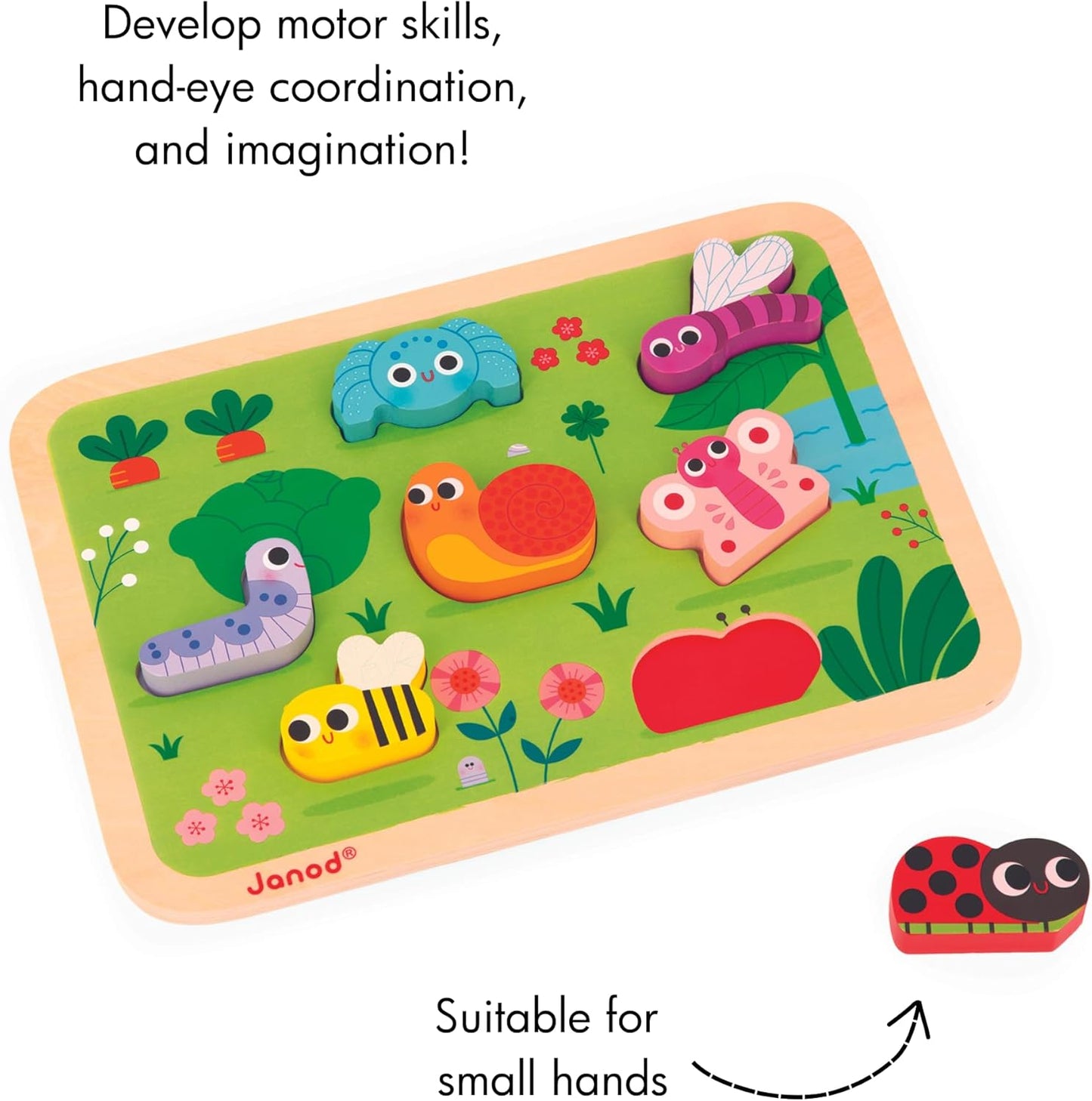 Janod - Quebra-cabeça robusto “The Garden” - Madeira FSC - 7 peças - Desenvolve habilidades motoras finas, concentração e imaginação - 18 meses +,