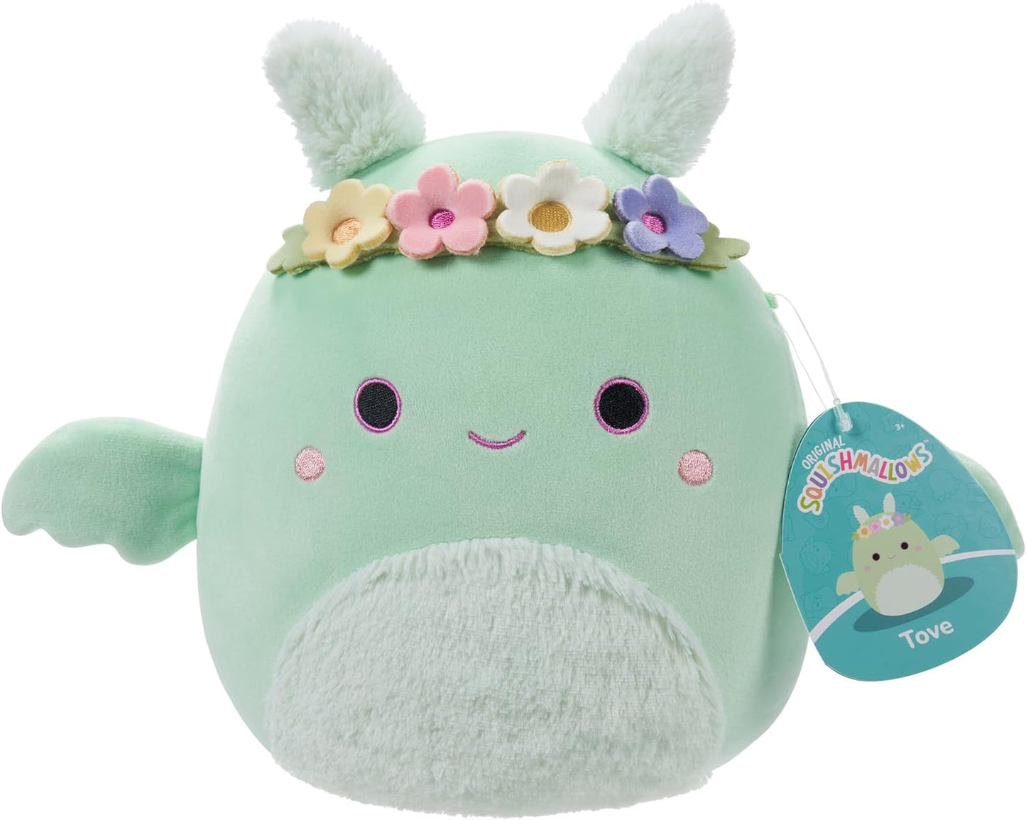 Squishmallows Original 7,5 polegadas - Tove the Mint Green Mothman com coroa de flores e barriga difusa