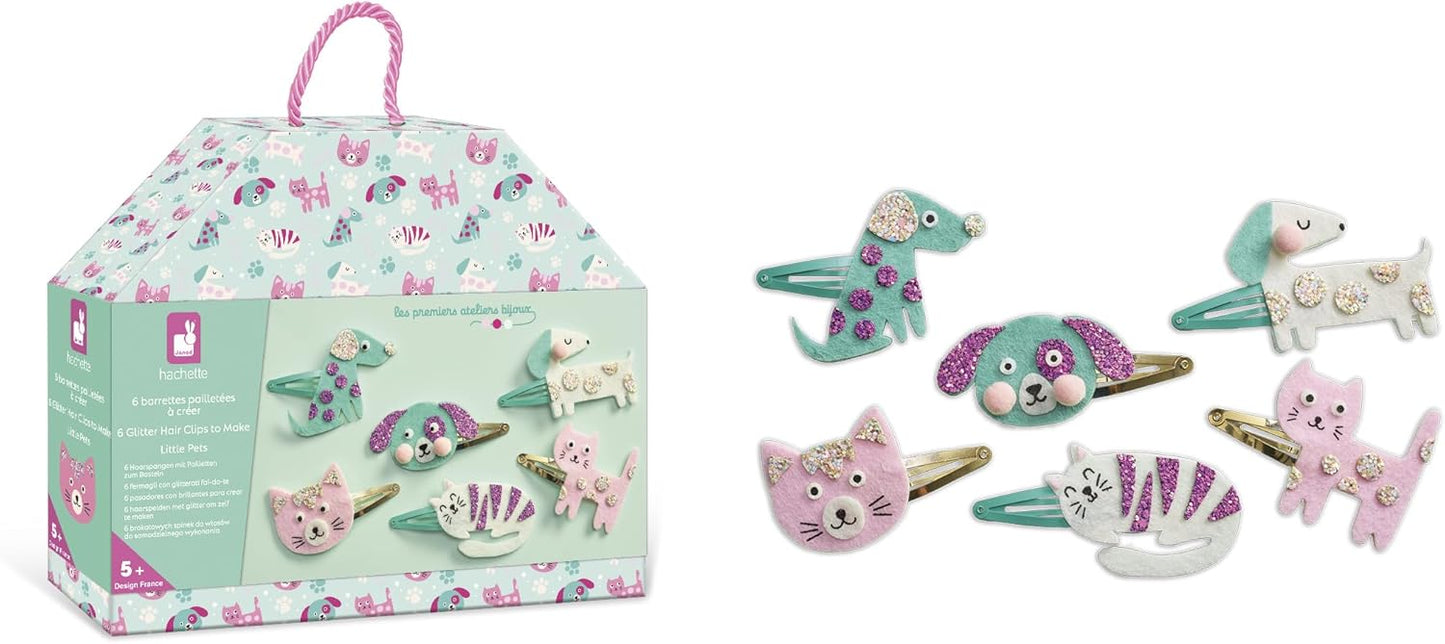 Janod - Conjunto de 6 prendedores de cabelo para criar - Gato e Cachorro - Les Ateliers Bijoux - Kit de Lazer Criativo Infantil - Motricidade fina e criatividade - A partir de 5 anos - J09181