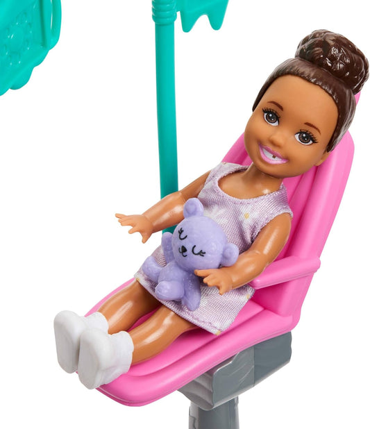 Barbie Conjunto Profissões Dentista com Boneca Loira de Jaleco Branco, Boneca Criança Pequena, Cadeira de Exame e Acessórios, JMK14