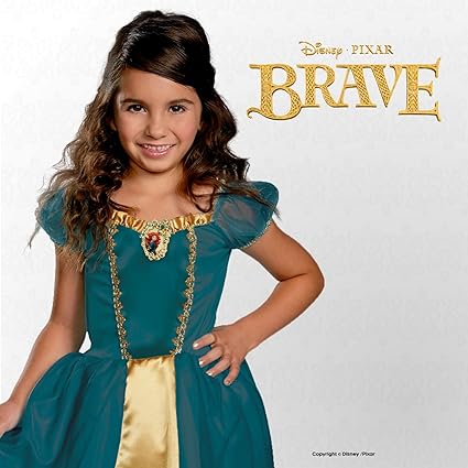 DISGUISE Fantasia infantil oficial clássica Merida da Disney - feita com cetim super macio - fantasia corajosa infantil Disney Princess Dress Up para meninas Natal Halloween fantasia vestido