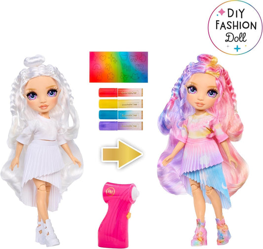 Rainbow High Air Brush & Create - 1 boneca fashion faça você mesmo com kit de aerógrafo, marcadores laváveis com efeito arco-íris, cabelo comprido, olhos roxos, brincadeira criativa para crianças de 4 a 12 anos ou mais.