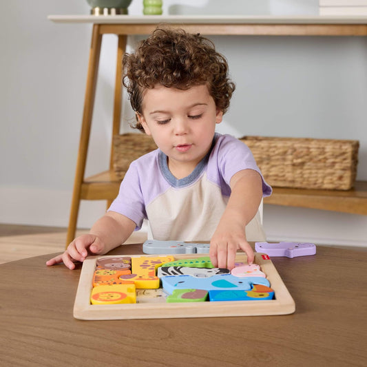 Quebra-cabeça de madeira com animais da Fisher-Price para crianças pequenas, com 13 peças de madeira para encaixar formas e decorar, ideal para crianças em idade pré-escolar a partir de 2 anos (JFG10).