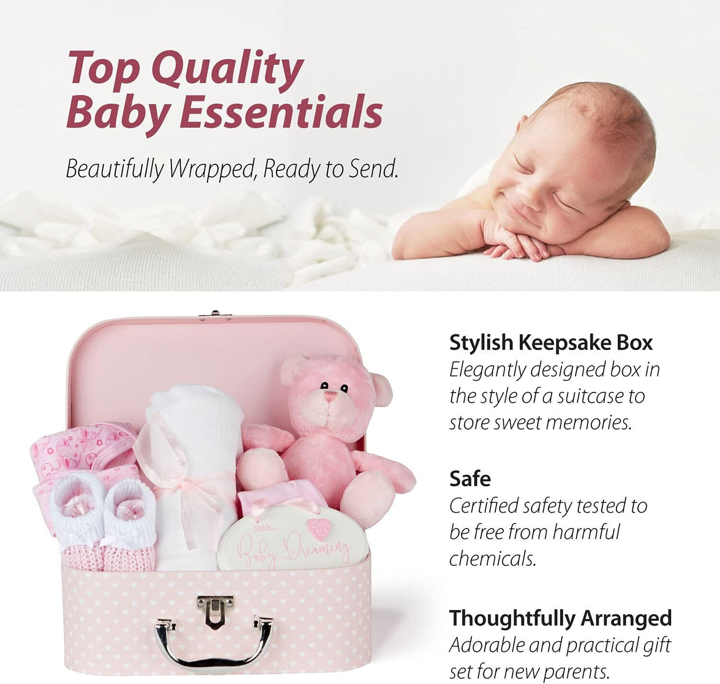 Presentes para meninos - Presentes para recém-nascidos, Presentes para chá de bebê, Cesta para bebês, Cesta para bebês, Presentes para meninas - 7 itens essenciais para meninas com cesta para recém-nascidos, Presentes para bebês