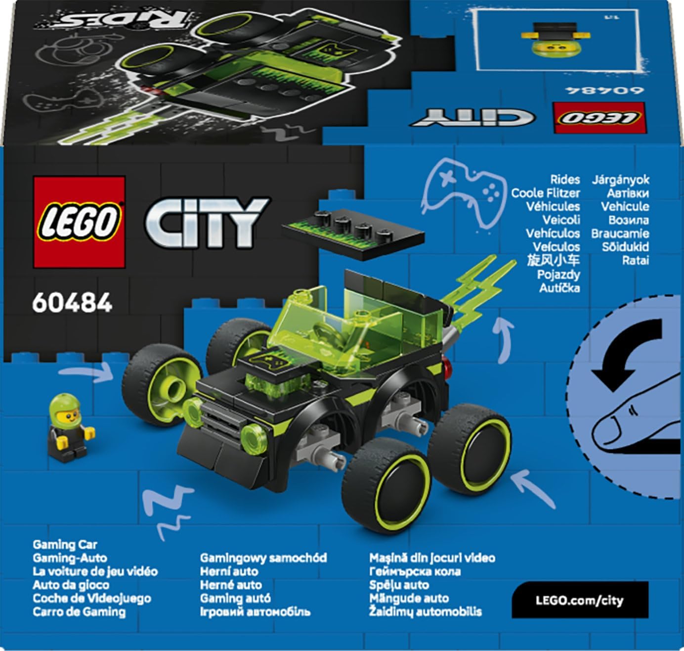 LEGO City Rides – Carro de Corrida de Brinquedo - Mini Conjunto de Construção com Minifigura de Piloto Júnior - Lembrancinhas de Festa - Pequeno Presente Colecionável para Meninos a partir de 5 Anos - 60484