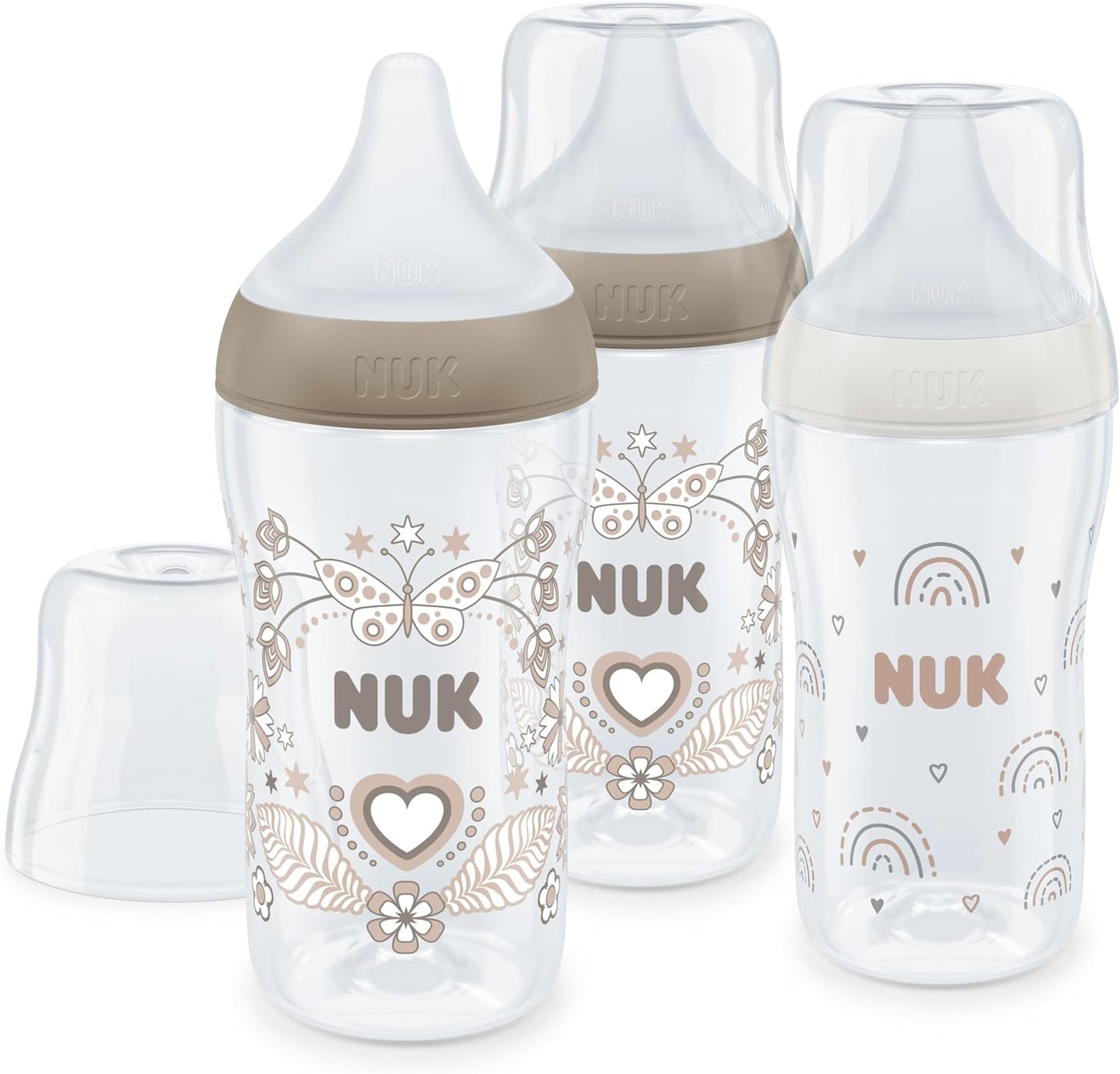 NUK Perfect Match, Kit de Mamadeiras, controle de temperatura, ventilação anticólica, 260 ml, sem BPA, bico de silicone médio, arco-íris e coração, 3 unidades