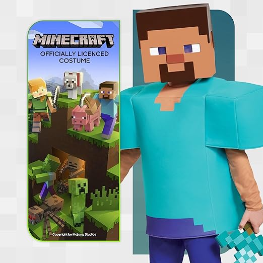 Disguise Fantasia oficial de luxo de Steve Minecraft para crianças, fantasias de Halloween para crianças, roupa extravagante disponível nos tamanhos S, M e L