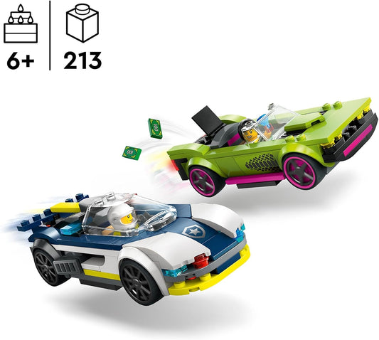 LEGO City Police Car and Muscle Car Chase, brinquedos de veículos de corrida para meninos e meninas de 6 anos ou mais, presente divertido para crianças que amam brincar de fingir, inclui minifiguras de oficial e bandido 60415