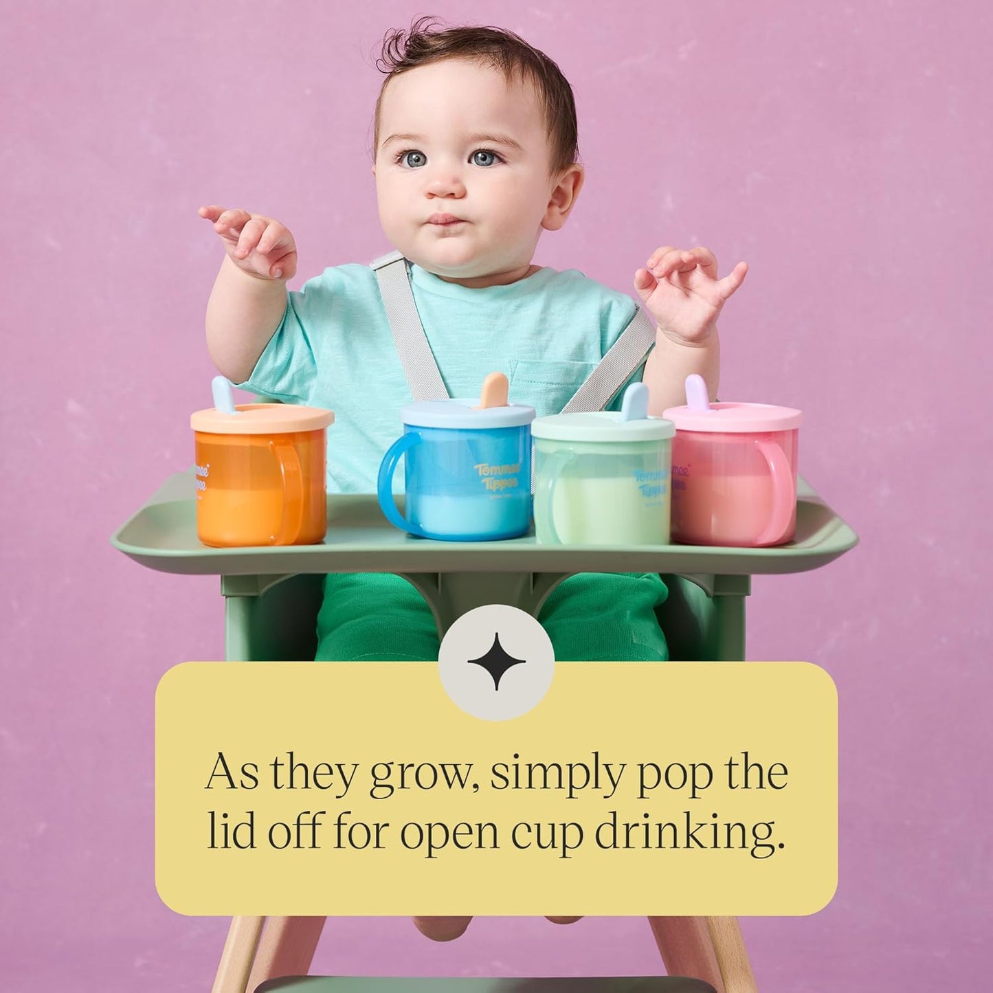 Tommee Tippee Copo de transição First Cup, 190ml, anti-vazamento para bebês a partir de 4 meses, com bico retrátil de fluxo livre e alças fáceis de segurar, laranja, azul e verde, pacote com 3 unidades.