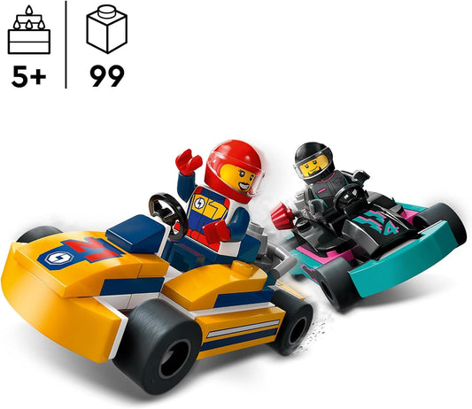 LEGO City Go-Karts y pilotos de carreras, juego de juguetes de vehículos de carreras para niños y niñas de 5 años en adelante y fanáticos de los juguetes de autos de carreras con 2 minifiguras de conductores, pequeño regalo para