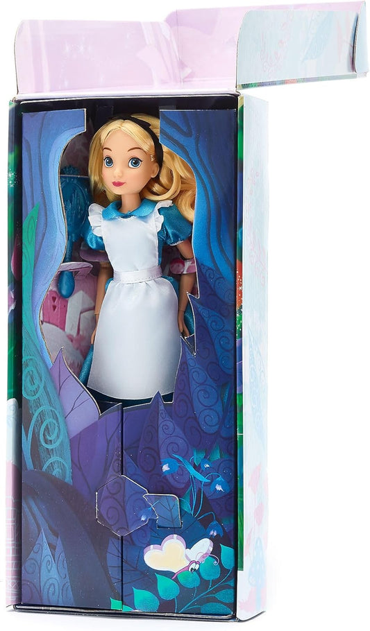 Disney Store Official Alice Classic Doll, Alice no País das Maravilhas 29cm/11”, Boneca Disney totalmente articulada em um vestido de cetim, inclui escova de cabelo de brinquedo - Adequado para maiores de 3 anos
