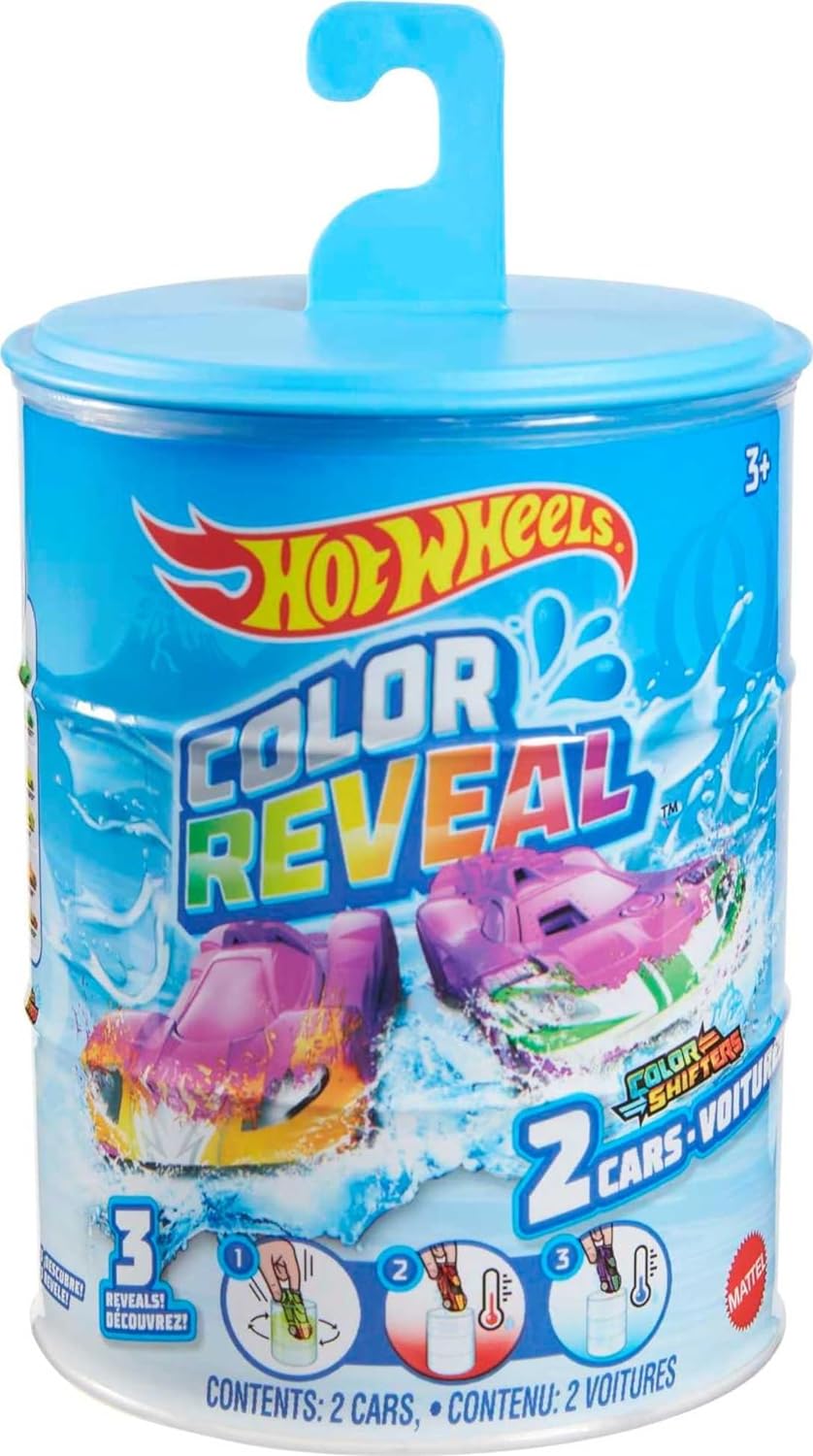 Hot Wheels 2 autos de juguete, vehículos de juguete con revelación de color a escala 1:64, incluye 2 cambiadores de color, 3 reveladores de agua fría y caliente, autos para niños de 3 años en adelante, los estilos pueden variar, GYP13