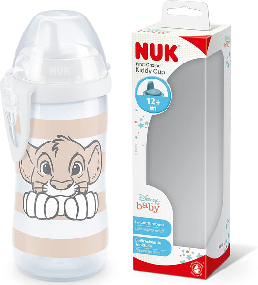 NUK First Choice+ Kiddy Cup Copo Infantil | 12 meses+ | Bico temperado à prova de vazamentos | Clipe e tampa protetora | Sem BPA | 300ml | Disney Lion King (10255659) (a embalagem pode variar)