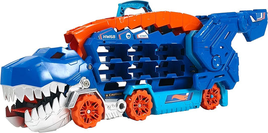 Hot Wheels City Racetrack, Ultimate T-Rex Transporter 2 em 1 com luzes e sons, armazenamento de brinquedos para 20 carros, inclui 2 carros de brinquedo, brinquedos para maiores de 4 anos, um pacote, HNG50