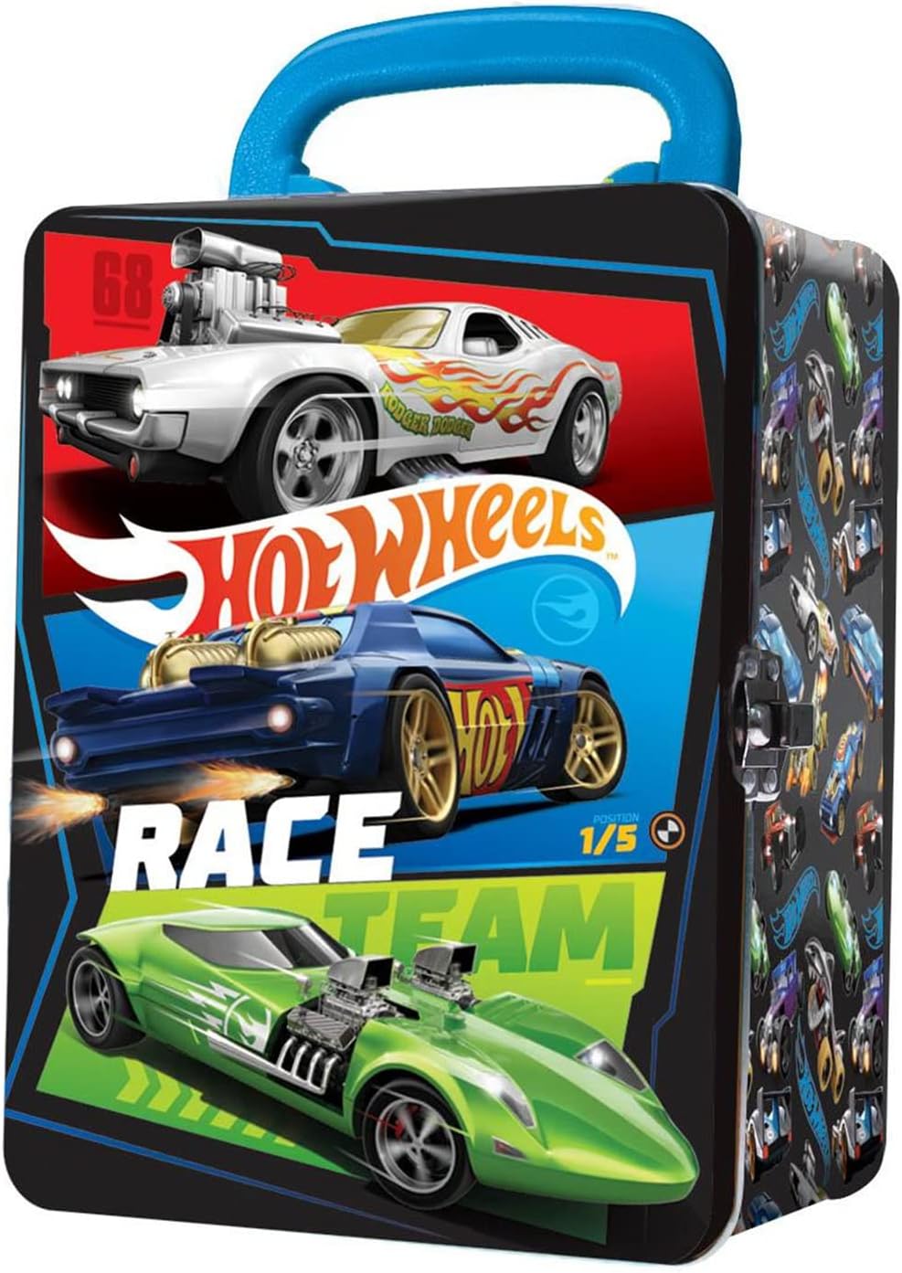 Hot Wheels Carros em escala 1:64 Estojo de metal para transporte de carro I 18 Armazenamento e organizador de brinquedos Presente para colecionadores Crianças de 3 anos até Design de tampa de corrida 3D HW (carros não incluídos)