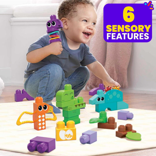 MEGA BLOKS Fisher-Price Brinquedo de construção sensorial, Squeak n Chomp Dinos com 24 peças, T-Rex, ideias de presentes de blocos para crianças de 1 ano ou mais, HKN43