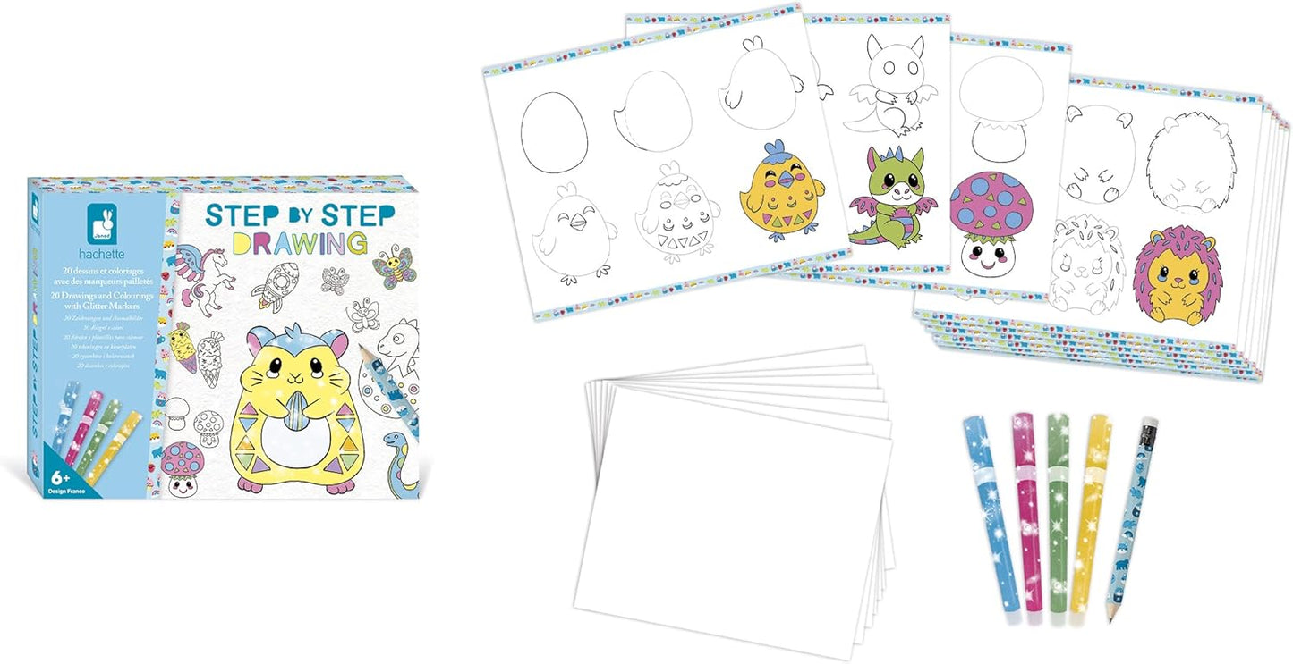 Janod - Desenho Passo a Passo - Aprenda a desenhar - 20 Modelos + Canetas Hidrográficas Glitter - Jogo de Aprendizagem - Aprendendo a desenhar e se concentrar - A partir dos 6 anos - J09157