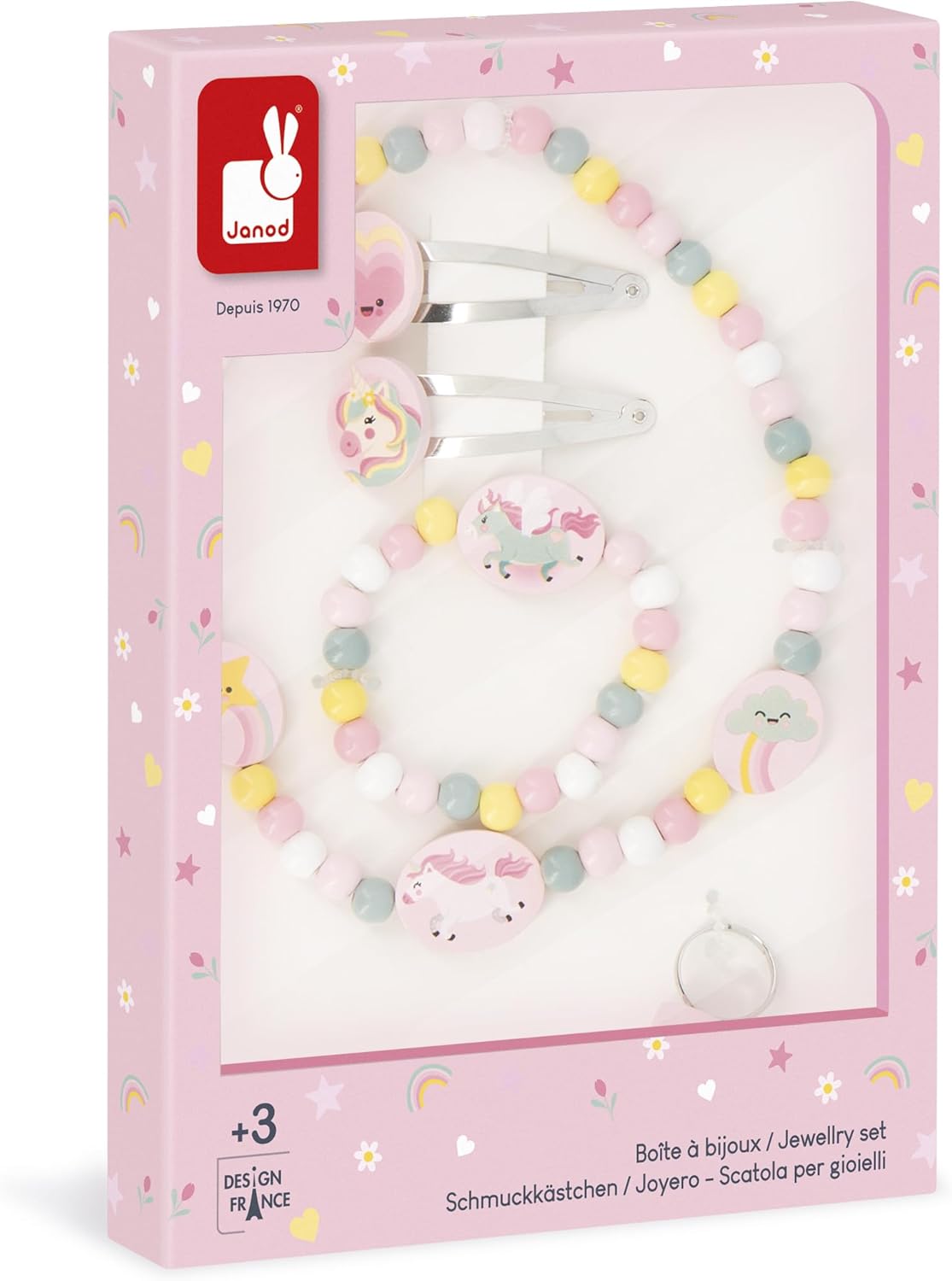 Janod - Conjunto de 5 joias de madeira de unicórnio - 1 colar, 1 pulseira, 1 anel e 2 clipes - Joias de madeira e metal FSC - Acessório de moda - A partir de 3 anos - J08880