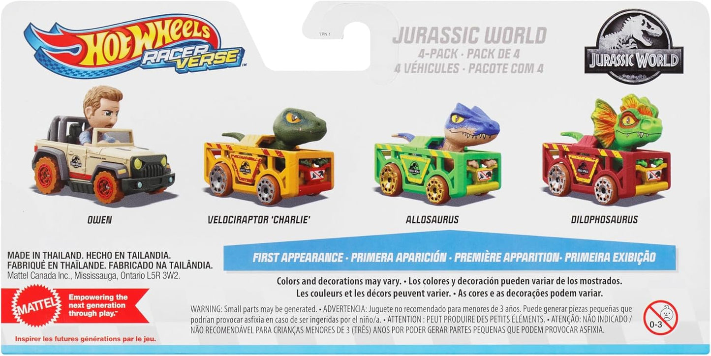 Hot Wheels Carrinhos RacerVerse com 4 veículos de metal fundido, apresentando os personagens de Jurassic World Charlie, Owen, Dilofossauro e Alossauro como pilotos, HKD32