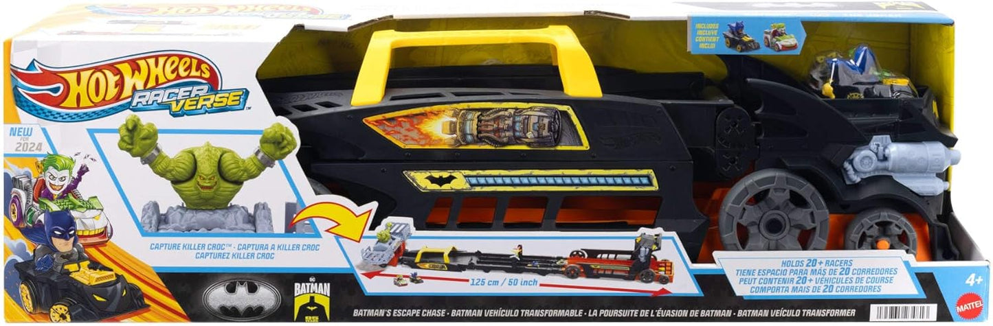 Hot Wheels Toy Cars & Track, RacerVerse Batman’s Escape Chase Large-Scale Vehicle Transforms into 3-Lane Raceway with Die-Cast Batman & Joker