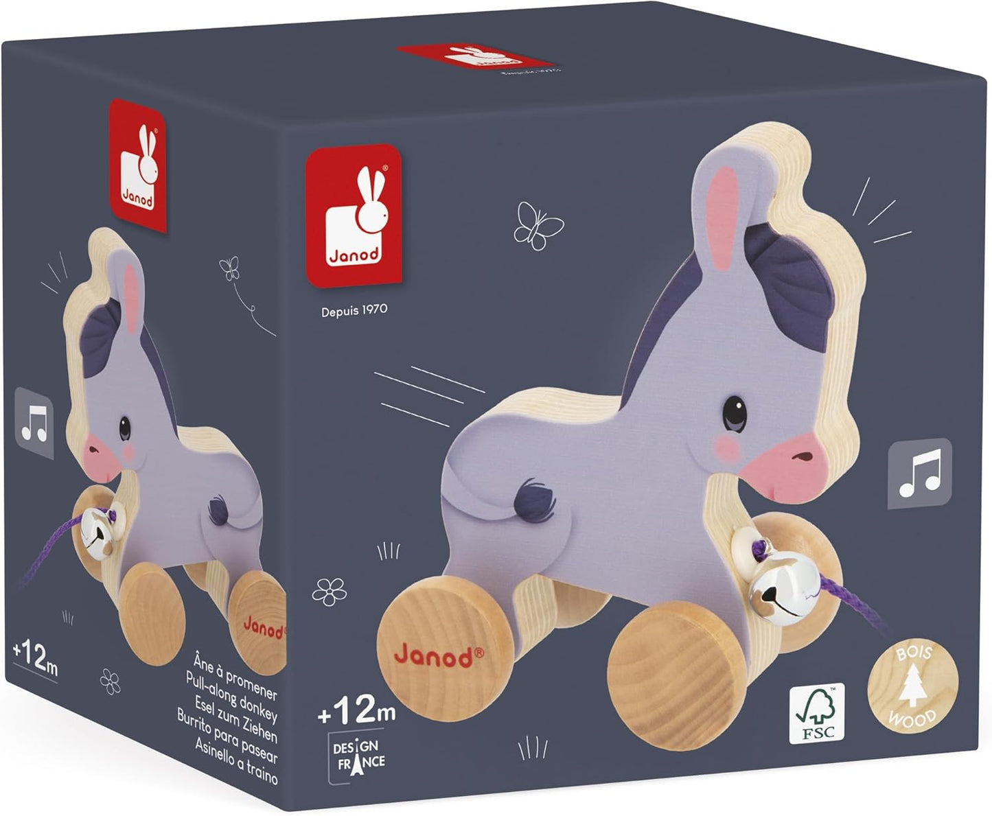 Janod - Burrinho de madeira com sininho - Brinquedo de puxar e empurrar - Treinamento de habilidades motoras e imaginação - Corda de 50 cm adequada para mãos pequenas - Certificado FSC - A partir de 12 meses, J03323