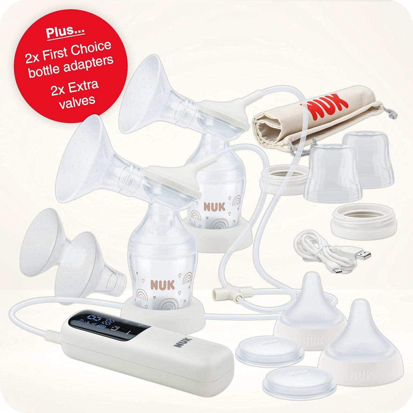 NUK Bomba tira leite elétrica dupla macia e fácil | Copos macios 100 por cento de silicone | Pequeno, leve, silencioso | Bateria recarregável para viagens | Copos de 24 mm e 27 mm | 2 x mamadeiras de combinação ideal