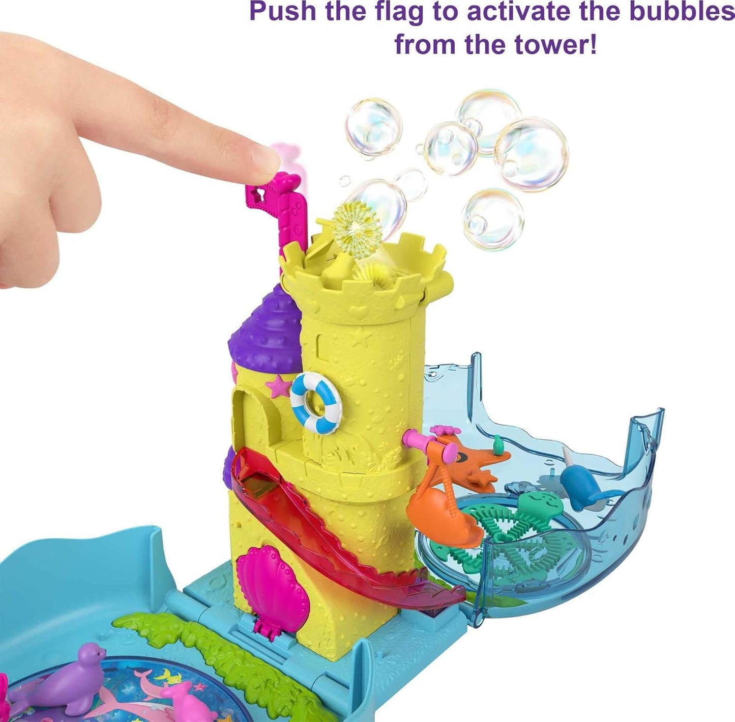 Polly Pocket Aquário Bubble com tema subaquático, 2 recursos para fazer bolhas, piscina, boneca Micro Polly e sereia, solução para bolhas e 18 acessórios, recurso pop e swap, para maiores de 4 anos