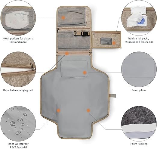 Bebamour Cambiadores de pañales portátiles con toallitas húmedas para viajes Cambiadores de bebé con almohadilla para la cabeza del bebé Cambiadores de pañales impermeables Esenciales para recién nacidos, color caqui