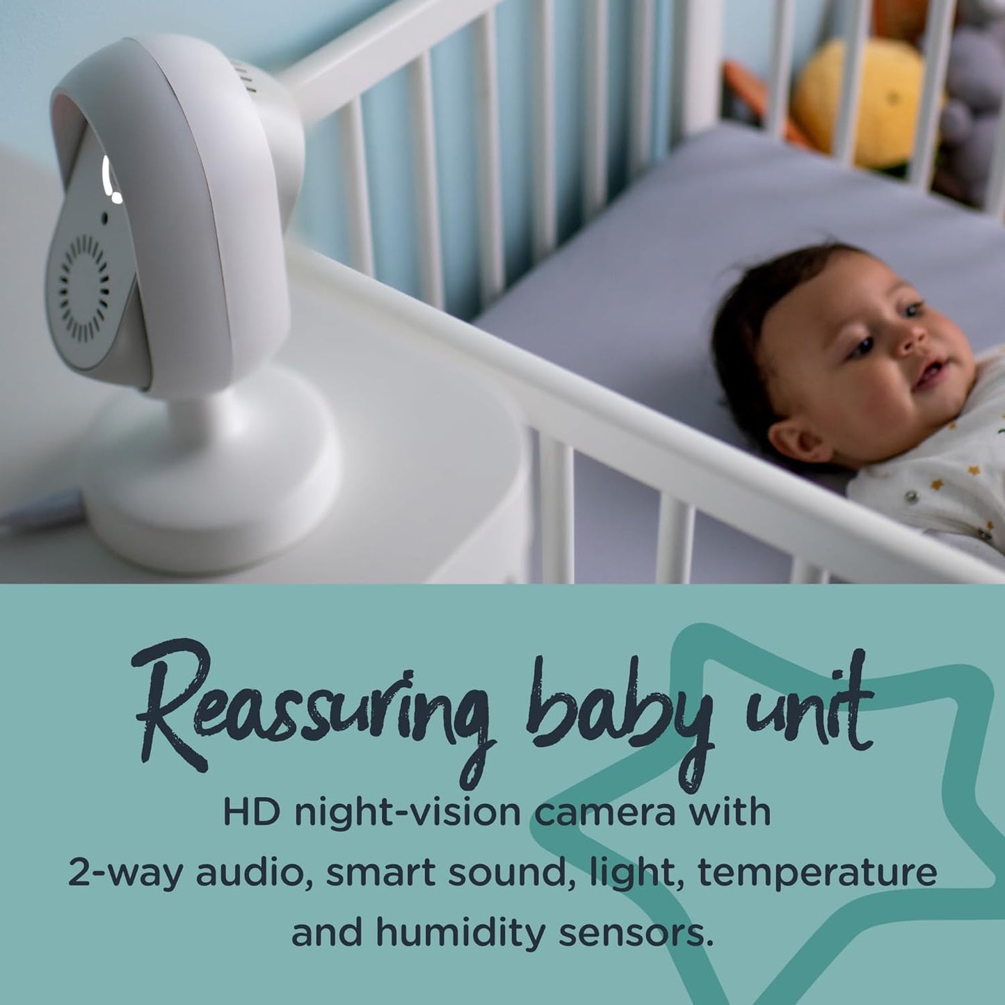 Tommee Tippee Monitor de bebê inteligente habilitado para aplicativo Dreamsense, câmera remota HD de visão noturna com inclinação e panorâmica, áudio bidirecional, pod inteligente para pais para alertas personalizáveis e rastreamento de sono