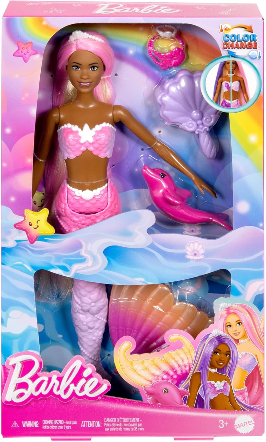 Muñeca Barbie Sirena, “Malibu” con cabello rosado, accesorios de peinado, delfín mascota y función de cambio de color activada por agua, HRP97