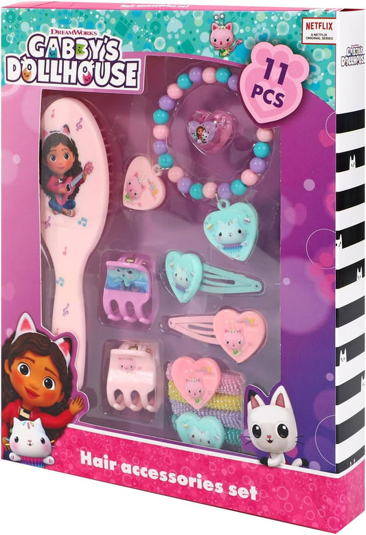 Conjunto de acessórios de cabelo infantil Gabby's Dollhouse com 11 peças, incluindo presilhas, pentes, elásticos e itens de beleza.