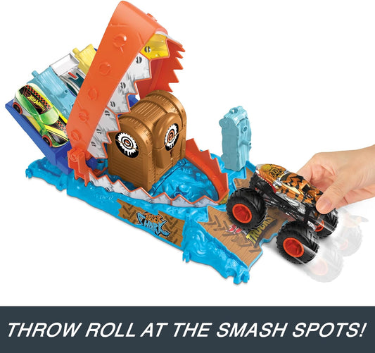 Hot Wheels Monster Trucks Arena Smashers Treasure Chomp Challenge Playset com escala 1:64 Tiger Shark Toy Monster Truck e 1 carro esmagado, HTP17