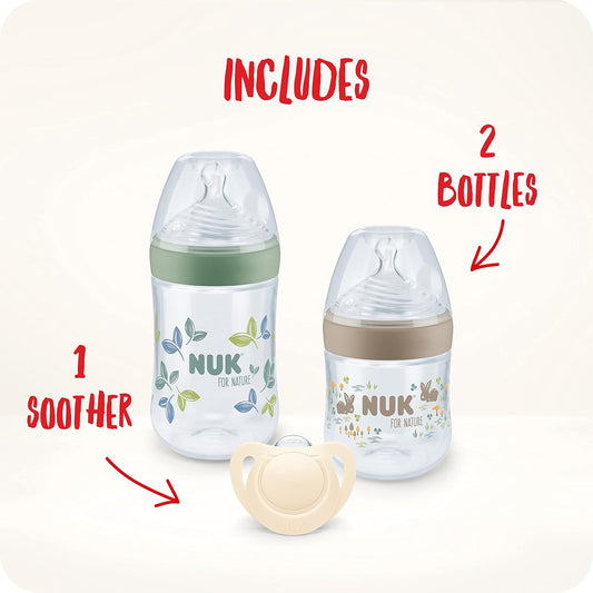 NUK para conjunto de mamadeiras e chupetas Nature Start, 0 a 6 meses, matérias-primas 100% naturais, 2 mamadeiras (150 ml e 260 ml), 2 chupetas de silicone, sem BPA, 4 contagens