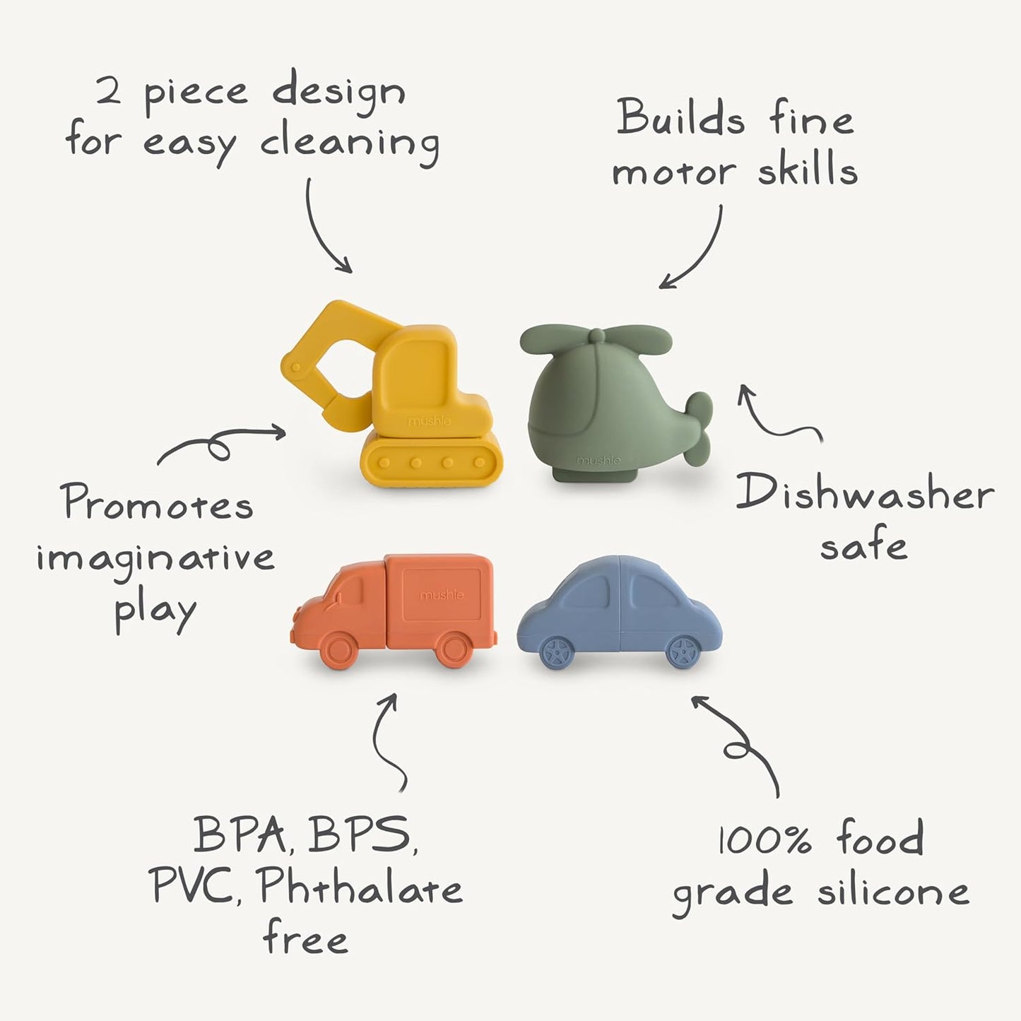 Mushie Brinquedo de Banho com 4 Veículos Flutuantes para Bebês, Crianças e Adolescentes | Feito de Silicone de Grau Alimentício para Diversão na Banheira | Helicóptero, Carro, Caminhão e Escavadeira