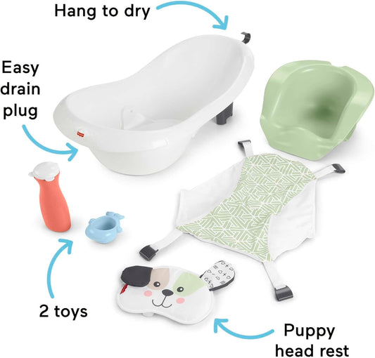 Banheira Fisher-Price FQDDZ para Bebês e Crianças 4 em 1 com Assento Removível para Bebês e 2 Brinquedos, Cachorrinho Perfeito