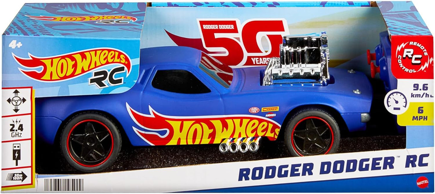 HOT WHEELS Coche de juguete Rodger Dodger RC a escala 1:16, vehículo de control remoto de edición especial del 50 aniversario, HTP54