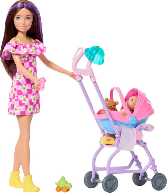 Barbie Conjunto Skipper Babysitters Inc. com boneca morena, boneca bebê loira, carrinho de bebê com cadeirinha removível e 7 acessórios, JJB42