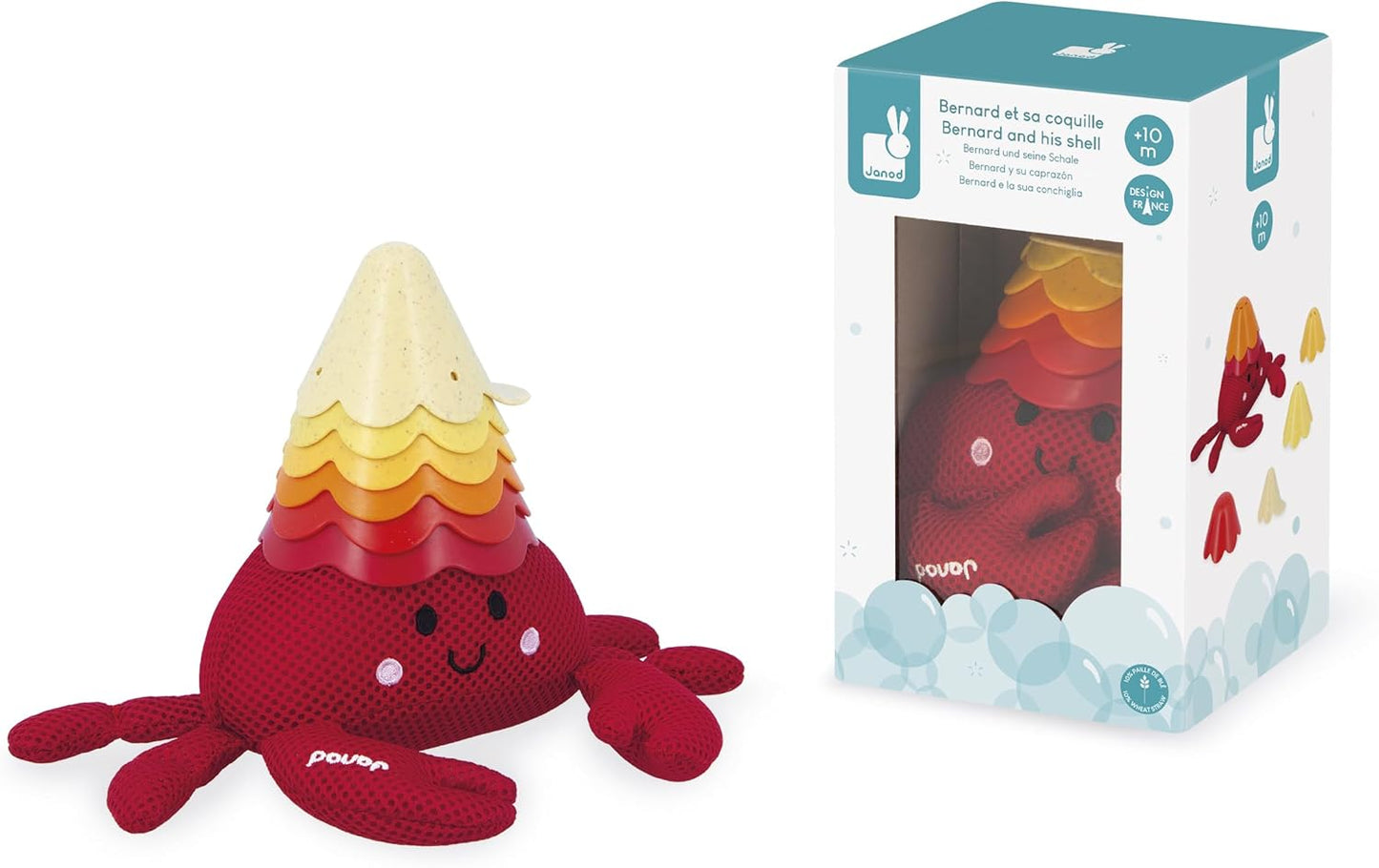 Janod - Brinquedo de banho em forma de caranguejo eremita com copos de canudo de trigo - 6 copos - Diversão aquática para bebês - A partir de 10 meses - J04734