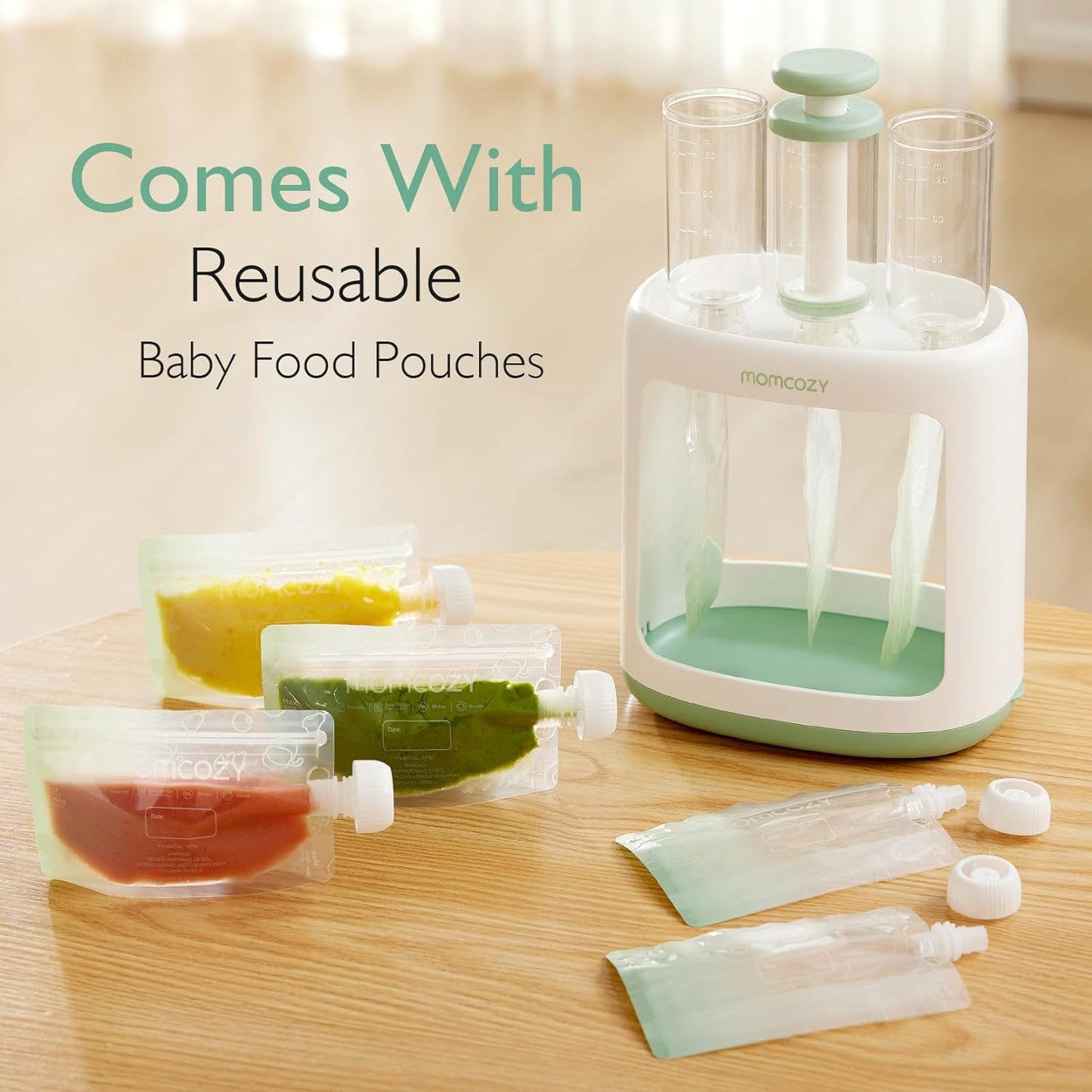 Momcozy Estação de compressão para comida caseira para bebês, estação de enchimento de bolsas para purê de alimentos para bebês e crianças pequenas, sem respingos de comida, própria para máquina de lavar louça, sem BPA, com sacos reutilizáveis