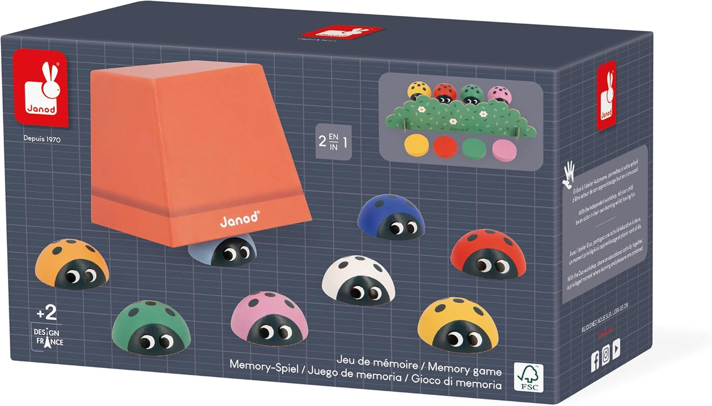 Janod - Línea Pédagogie - Juego de Memoria Mariquita - Aprendiendo Colores - Juguete Educativo Infantil - Juego de Madera y Cartón FSC - 24 Meses +,