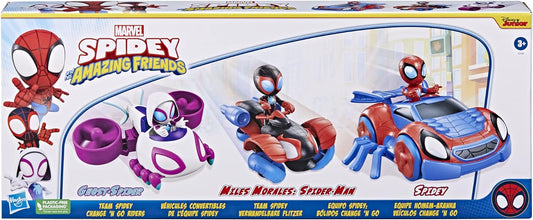 SPIDEY Y SUS AMIGOS INCREÍBLES Hasbro Marvel Spidey y su increíble equipo de amigos Spidey Change 'N Go Riders Juguete preescolar, 3 vehículos y figuras, 3 años más exclusivo de Amazon