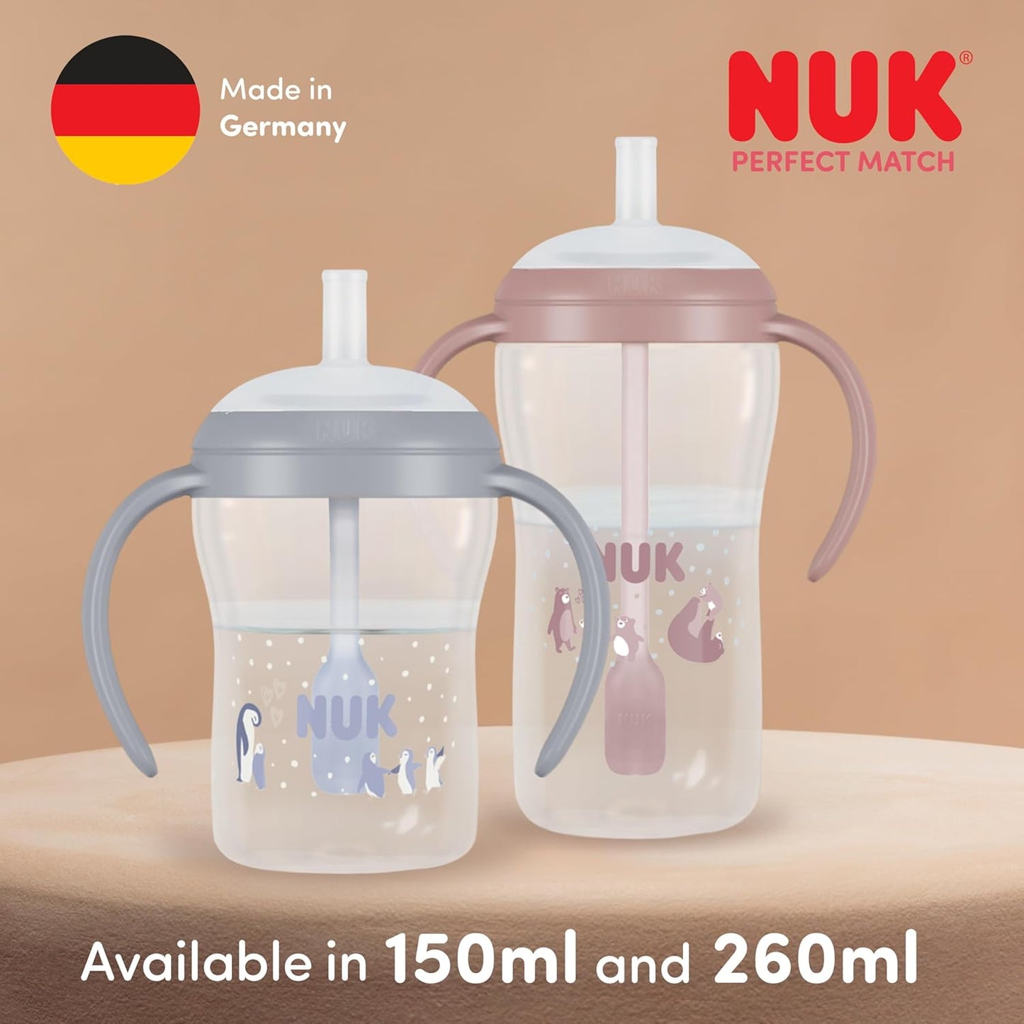Garrafa com Canudo Perfect Match Learner | 8+ Meses | 260ml | Copo com Canudo Antivazamento para Bebê | Alças Antiderrapantes | Urso | 1 Unidade