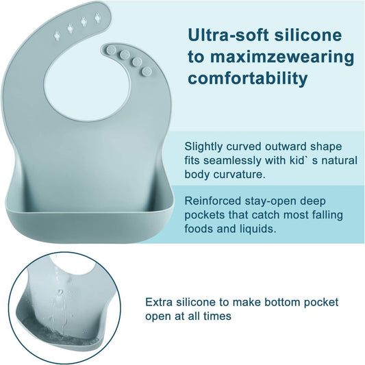 PandaEar Conjunto de 3 Babadores de Silicone Grosso para Bebês e Crianças (10-72 Meses) | Babadores Impermeáveis e Ajustáveis com Bolso Amplo para Coletar Alimentos, Macios, Unissex e Anti-Sujeira | Marrom/Azul/Verde