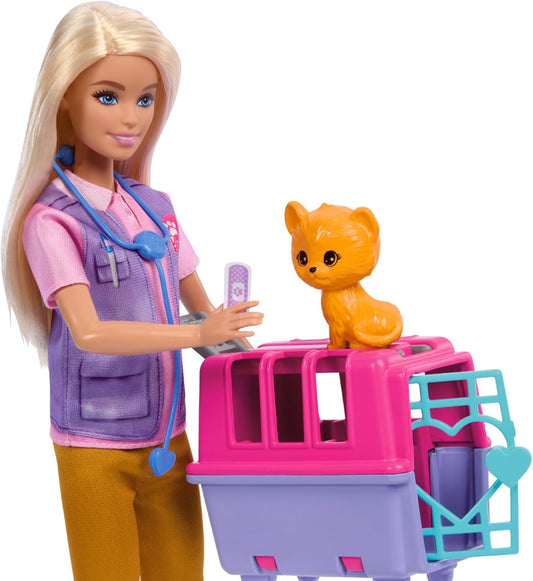 Muñeca Barbie Careers y accesorios, juego de rescate y recuperación de animales con muñeca rubia, muñecos mono y tigre, portador y más, HRG50