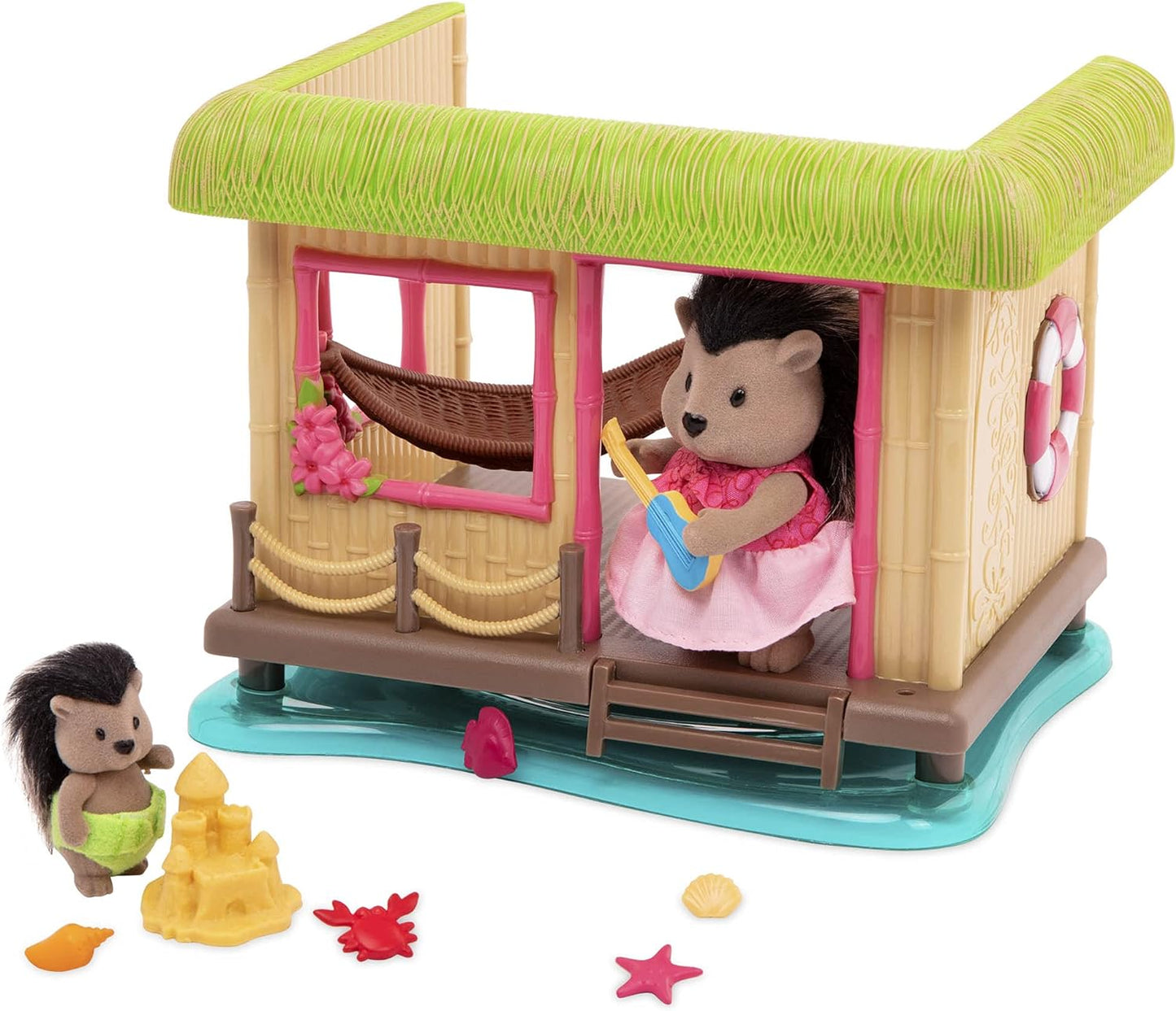 Li'l Woodzeez Conjunto de jogos de praia - Sunshine Tiki Hut - Conjunto de brinquedos de 15 peças - Brinquedos de família para crianças a partir de 3 anos