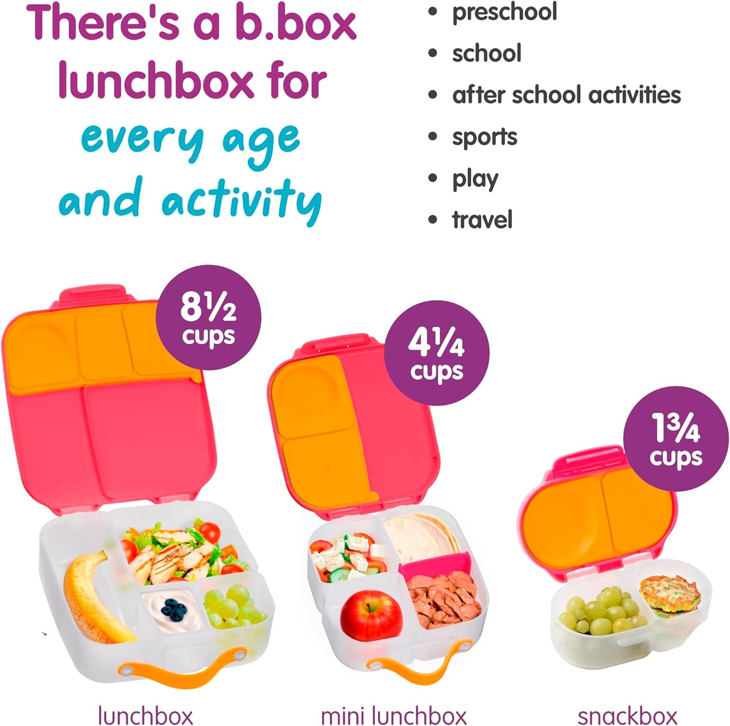 b.box Lancheira Mini | Caixa Bento com 3 Compartimentos (2 à Prova de Vazamentos) | Ideal para Lanches e Lanches de Crianças | Comporta uma Fruta Inteira | Livre de BPA