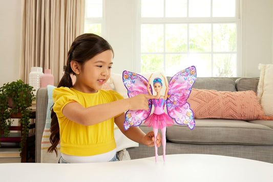 Barbie Boneca dança e flutua com transformação 2 em 1 de dançarina para borboleta com asas que abrem, cabelo roxo, capacete e tutu removível, HXJ10