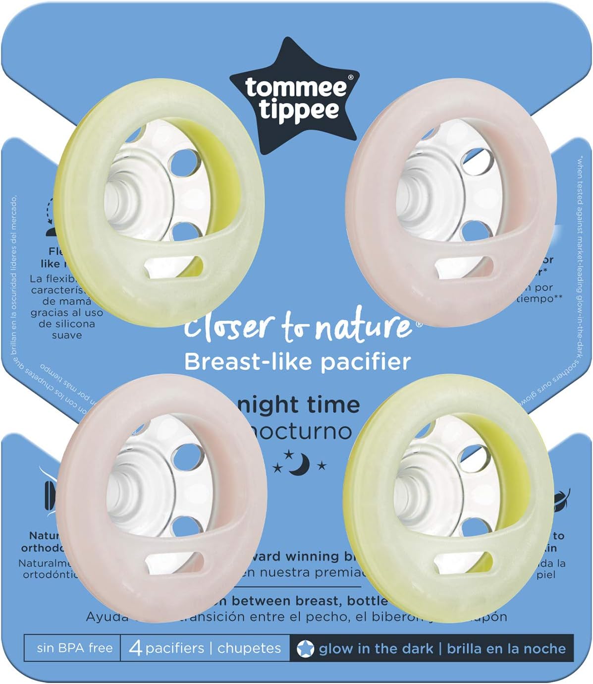 Tommee Tippee Chupeta noturna semelhante a um peito, brilha no escuro, textura semelhante à da pele, design ortodôntico simétrico, 0-6 m, rosa e amarelo, pacote de 4 manequins