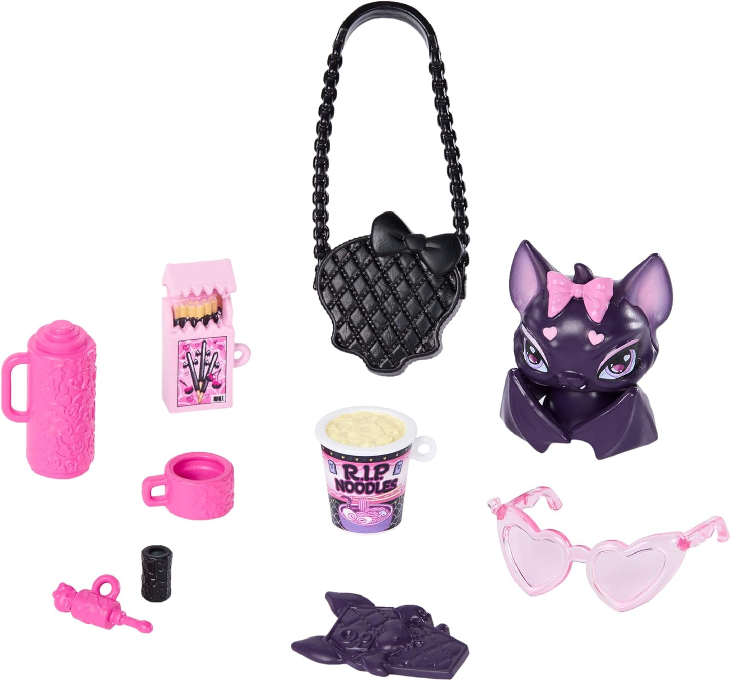 Monster High,Boneca Draculaura, com vestido rosa com laço e cardigã preto, acompanhada de seu morcego de estimação Conde Fabuloso e 7 acessórios como ramen, batom e bolsa, JHK29